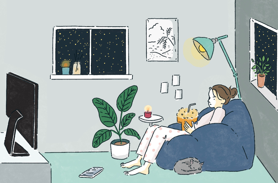 PINTSCOPE記事『リラックスタイムにおすすめ！ 心が落ち着く映画・ドラマ5選』アイキャッチイラスト